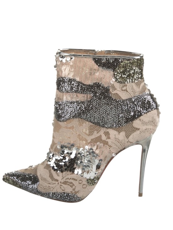 Christian Louboutin Shoes - Christian Louboutin Sequined Lace Ankle Boot in Beige and Silver sz. 36